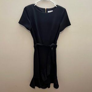 Calvin Klein Flounce Hem Midi Dress with Tie in Black Size 2